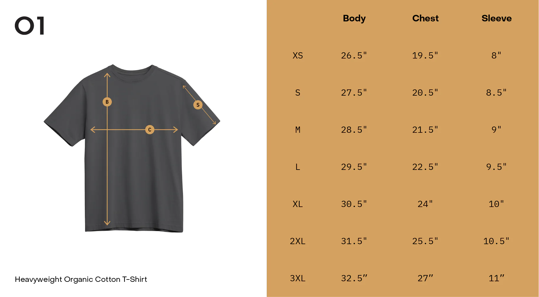 Heavyweight Organic Cotton T-Shirt with size chart on a brown background