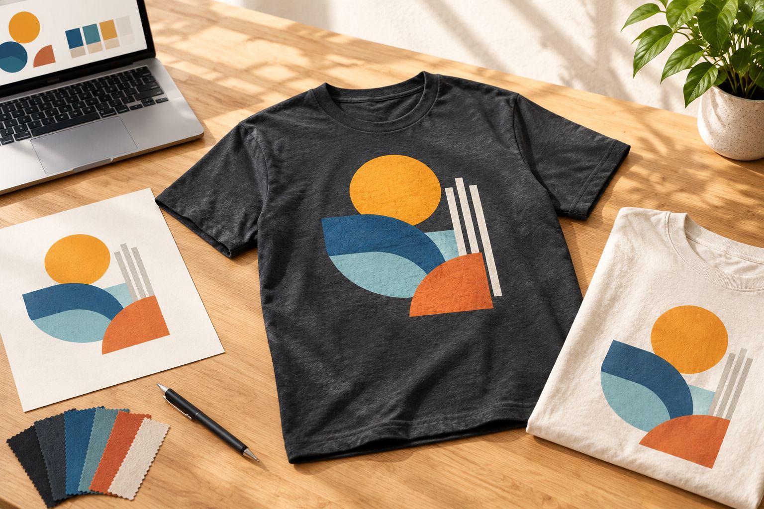 Dark and pale t-shirts beside abstract artwork for checking design contrast
