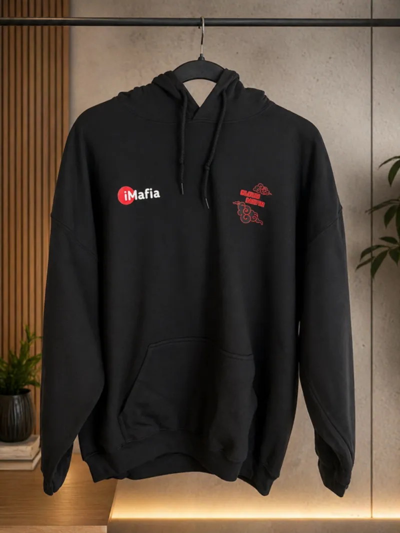 Custom DTF printed black hoodie — iMafia brand logo
