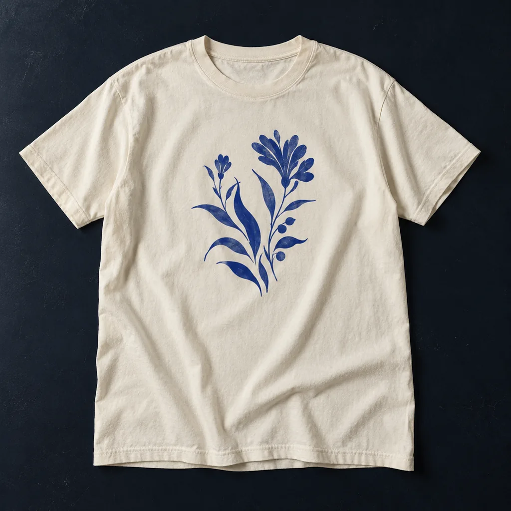 Illustrative cream T-shirt with a blue botanical print on a navy worktable