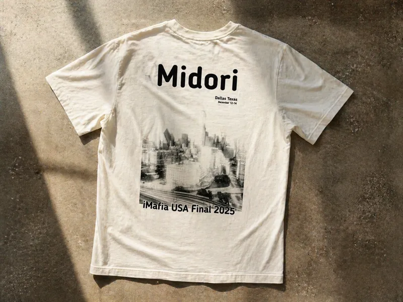 Custom DTF printed white t-shirt — Midori event back print