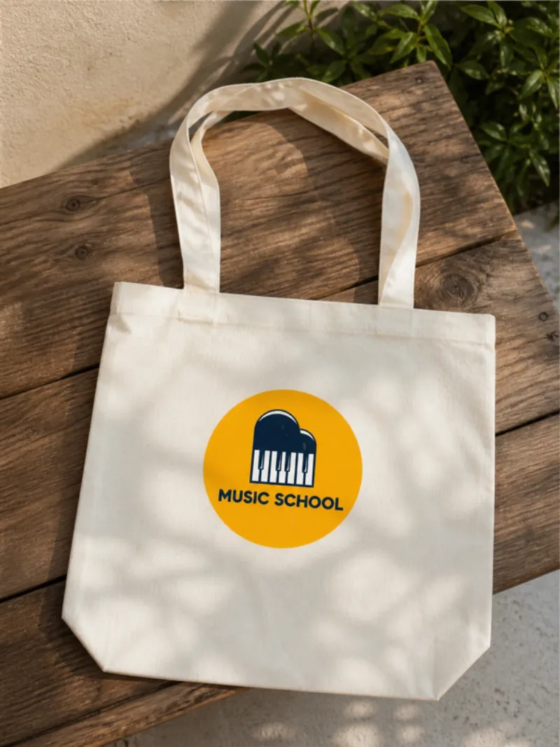 Custom DTF printed canvas tote bag — Music School logo